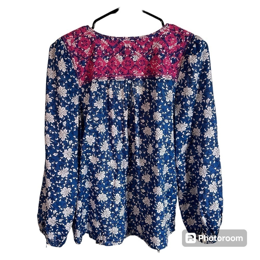 J. Crew Floral Peasant Embroidered Top in Pink, Blue, and White size XS - Picture 6 of 8